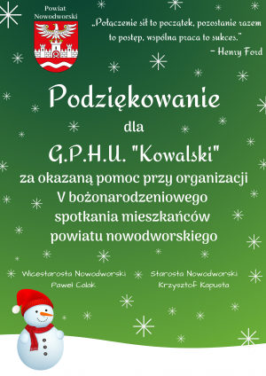 Podziękowanie dla firmy G.P.H.U. Kowalski Winniki