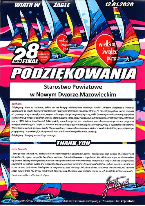 Podziękowanie dla Starostwa Powiatowego w Nowym Dworze Mazowieckim