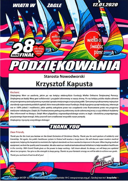 Podziękowanie dla Starosty Nowodworskiego