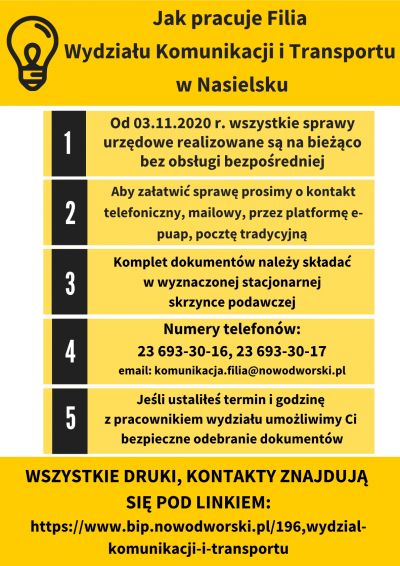 Żółto z czarny plakat z informacją jak pracuje wydział komunikacji w Nasielsku