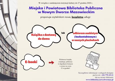 Grafika z informacjami o usługach Biblioteki Powiatowej w czasie epidemii