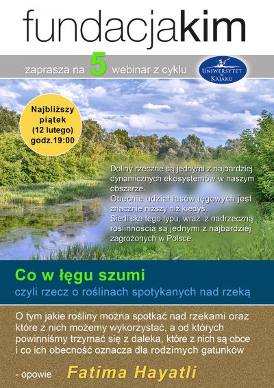 Plakat ze zdjęciem rzeki i roślin oraz z polami, na których znajduje się tekst