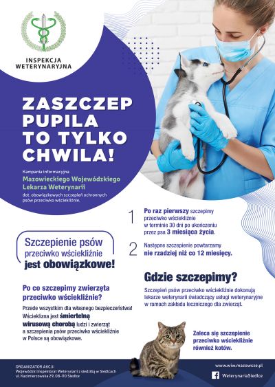 Plakat promujący szczepienia dla zwierząt, logo inspekcji weterynaryjnej, informacje tekstowe