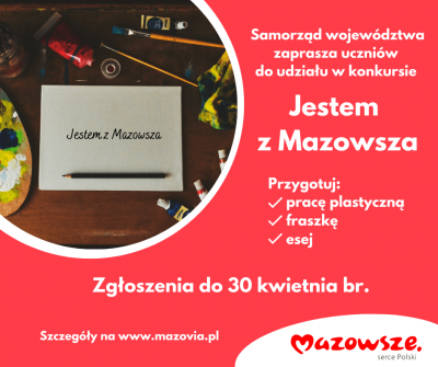 Grafika promująca konkurs - białe napisy na ciemnym tle, po lewej stronie zdjęcie stolika z przyborami szkolnymi, na dole...