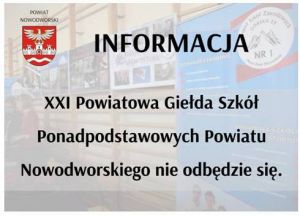 w tle kadr z giełdy szkół, herb powiatu, informacja