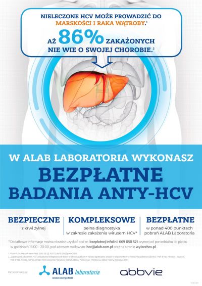 Plakat informujący o bezpłatnych badaniach anty-HCV; dane z plakatu zawarte w artykule