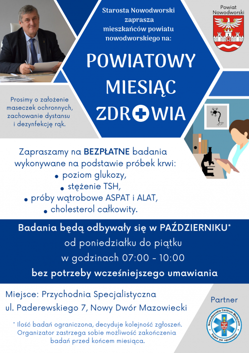 plakat promujący akcję, zdjęcie starosty po lewej, po prawej herb powiatu