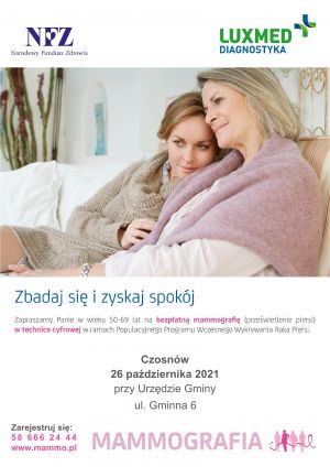 dwie kobiety przytulają się, poniżej tekst zaproszenia na badania do Czosnowa