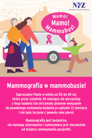 na górze strony rysunek kobiet w tle mammobus, na dole strony treść