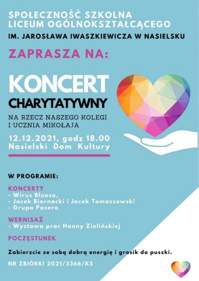 niebieskie tło, białe litery, po prawej stronie kolorowe serce