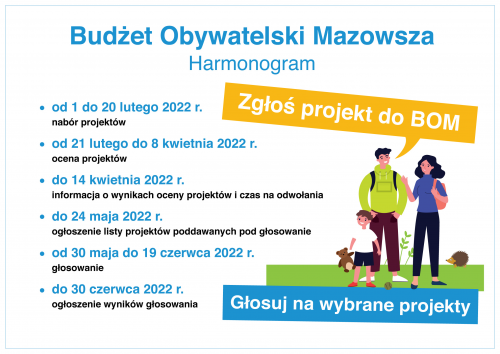 Harmonogram BOM niebieskie i czarne litery, po lewej grafika rodziny