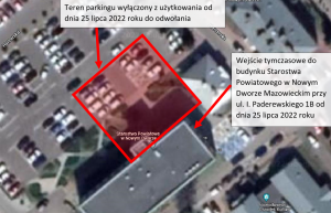 Mapa poglądowa przedstawiająca wyłączoną część parkingu oraz tymczasowe wejście do budynku.