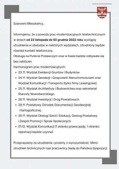 utrudnienia w obsłudze treść informacji