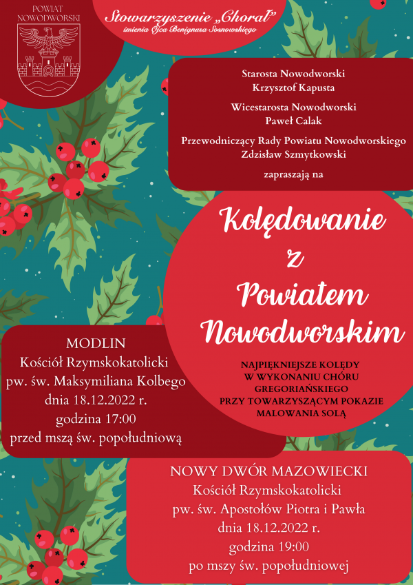 plakat informujący o koncertach, w tle ostrokrzew na niebieskim kolorze, białe napisy na czerwonych elementach
