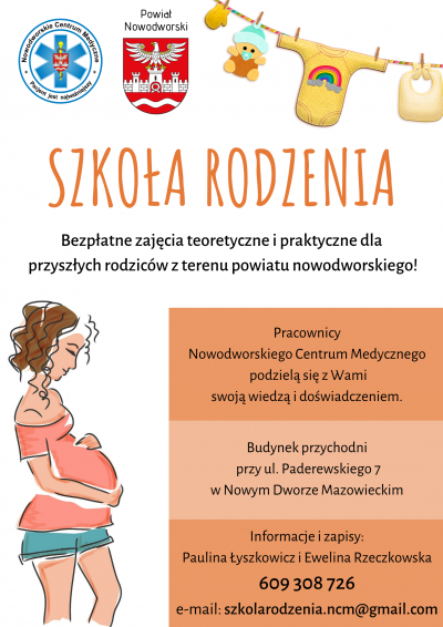 Plakat informujący o zajęciach Szkoły Rodzenia, treść w akapicie