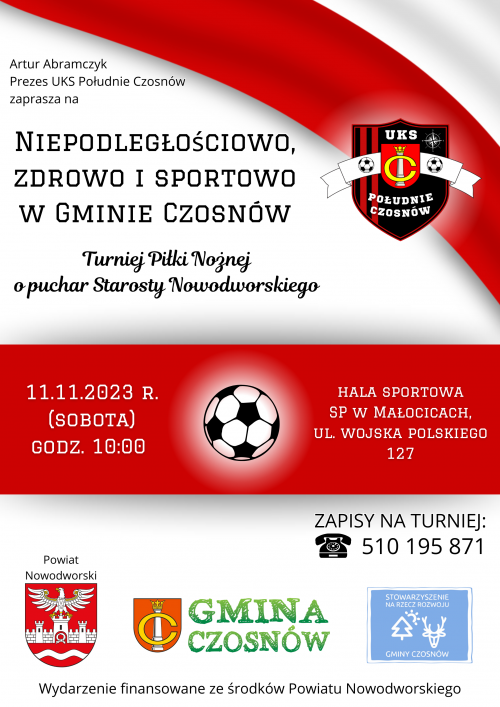 plakat promujący Turniej Piłki Nożnej Niepodległościowo, zdrowo i sportowo w Gminie Czosnów