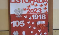 biało czerwony plakat, naklejone motyle z papieru