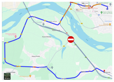 mapa z planowanym objazdem przez miejscowości Sady, Kazuń Polski, Dębina