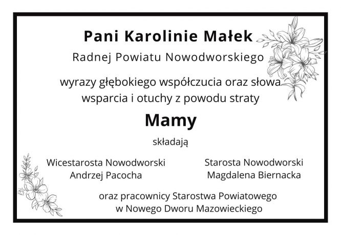 czarna ramka, treść pośrodku z kondolencjami, na rogach obrysy kwiatów