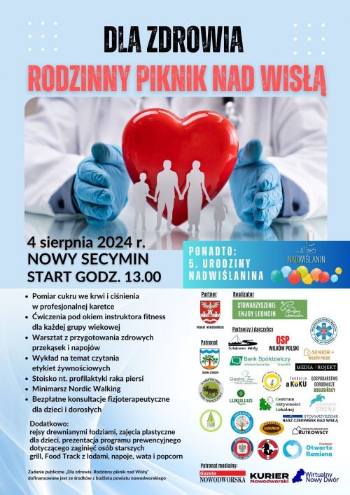 ręce lekarza trzymające serce, opisane informacje o wydarzeniu, logotypy partnerów