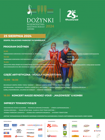 Plakat informujący o Dożynkach Wojewódzkich 2024, zielone tło, para w stroju ludowym, informacje tekstowe