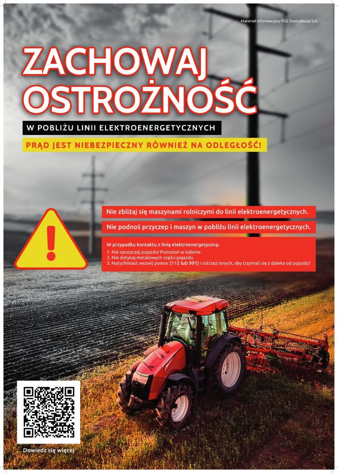 Plakat zachowaj ostrożność w pobliżu linii elektroenergetycznych