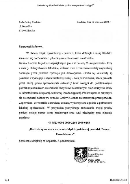 pismo przewodniczącego rady gminy Kłodzko o pilną pomoc