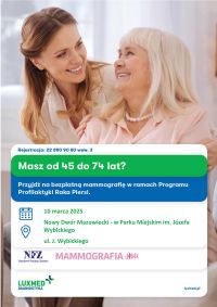 dwie kobiety uśmiechają się do siebie, poniżej data mammografii