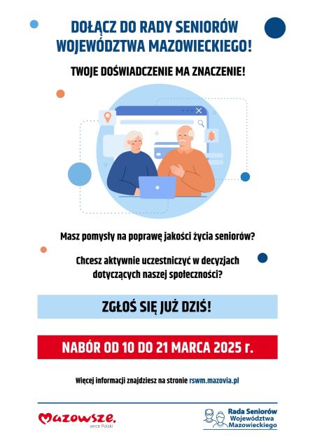 na górze strony hasło Dołącz do Rady Seniorów, dwie postaci w środku grafiki, poniżej hasła zgłoś się już dziś i hasła o...