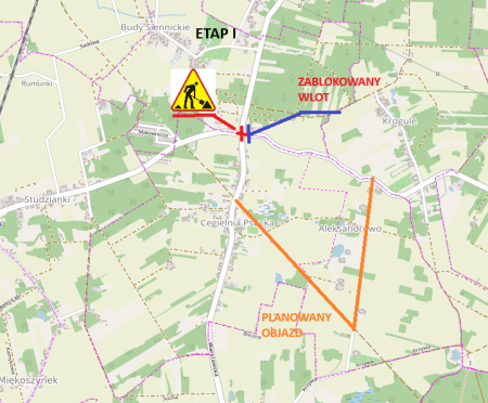 mapa miejscowości Nasielsk, czerwone kreski wyznaczające objazd dla etapu I