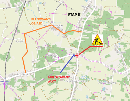 mapa miejscowości Nasielsk, czerwone kreski wyznaczające objazd dla etapu II