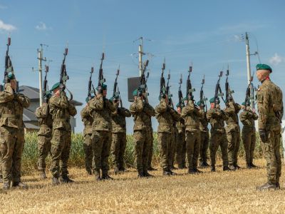 żołnierze w dwóch szeregach stoją na polu i trzymają broń w górze
