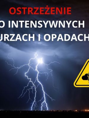 grafika ostrzegająca o intensywnych burzach i opadach