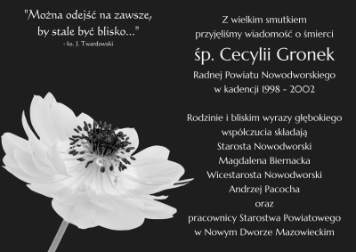 Kondolencje z powodu śmierci śp. Cecylii Gronek - czarne tło, jasny kwiat i tekst