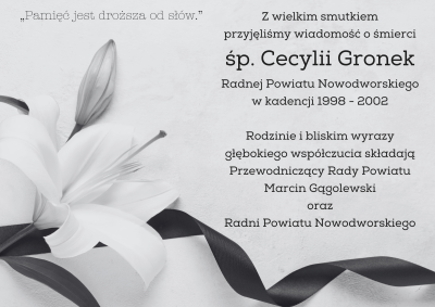 Kondolencje z powodu śmierci śp. Cecylii Gronek - białe tło, kwiat oraz czarna wstążka i tekst