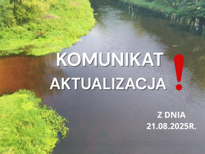 rzeka Wkra, na środku biały napis komunikat aktualizacja