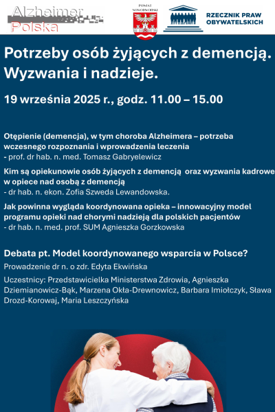 grafika informująca o konferencji- ,,Potrzeby osób żyjących z demencją. Wyzwania i nadzieje''