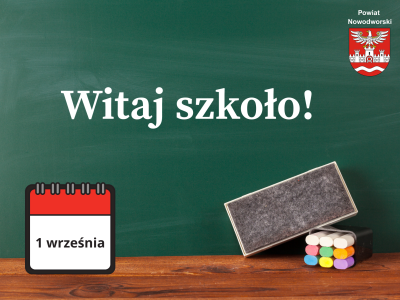 grafika przedstawiająca tablicę szkolną, na środku napis- witaj szkoło!