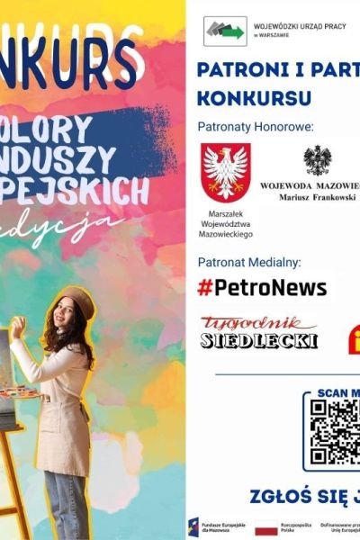 plakat informujący o konkursie plastycznym ,,Kolory Funduszy Europejskich''