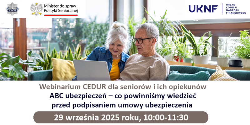 Grafika informująca o bezpłatnym spotkaniu online pn. "ABC ubezpieczeń - co powinniśmy wiedzieć przed podpisaniem umowy...