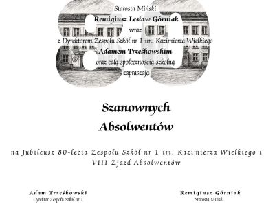 Plakat informujący o wydarzeniu 80- lecie Zespołu Szkół w Mińsku Mazowieckim i VIII Zjazd Absolwentów