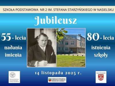plakat promujący wydarzenie Jubileusz Szkoły Podstawowej nr 2 w Nasielsku