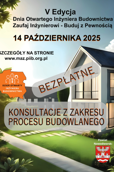 plakat promujący dzień otwarty z ekspertami budownictwa, w tle wizualizacja domu