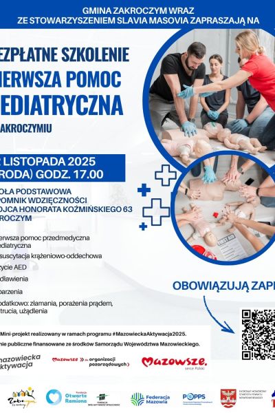 plakat promujący wydarzenie- bezpłatne szkolenie z pierwszej pomocy pediatrycznej