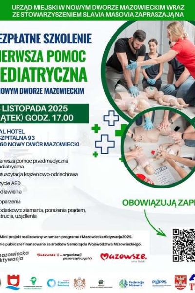 plakat promujące bezpłatne szkolenie z pierwszej pomocy pediatrycznej w Nowym Dworze Mazowieckim