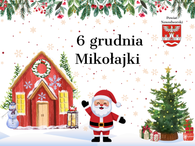 plakat dotyczący 6 grudnia- Mikołajki, świąteczna sceneria, śnieg, Mikołaj