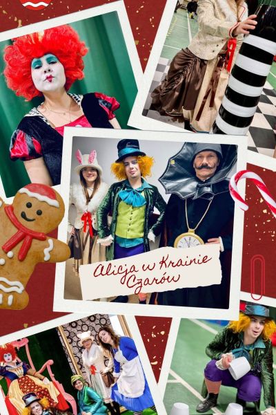 plakat, zdjęcia dotyczące Alicji w Krainie Czarów podczas spotkania świątecznego