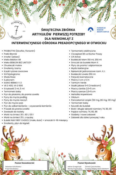 plakat informujący o zbiórce artykułów dla niemowląt
