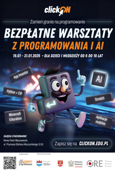 plakat promujący wydarzenie clickOn - darmowe warsztaty z programowania