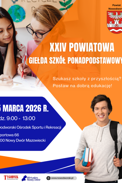 plakat informujący o XXIV Powiatowej Giełdzie Szkół Ponadpodstawowych